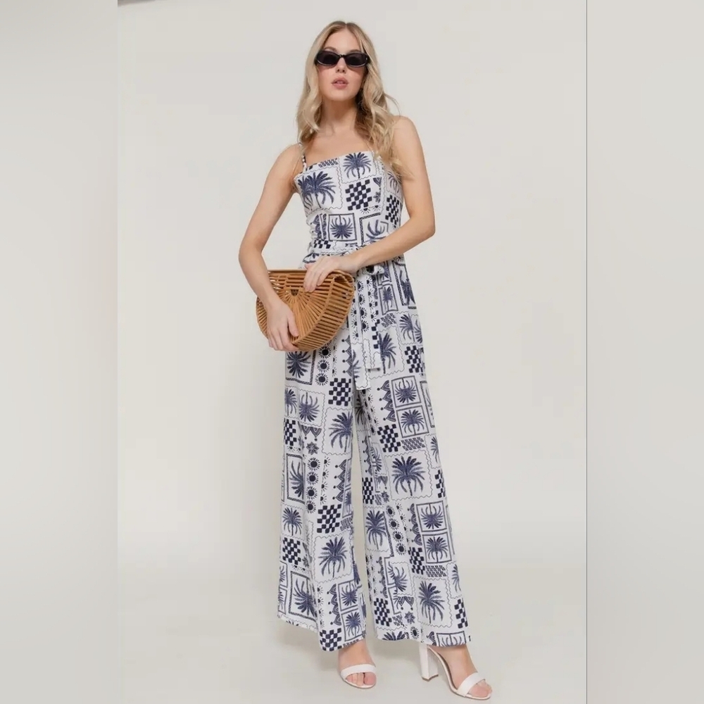 Adjustable Strap Wide Leg Printed Linen Effect Jumpsuit